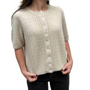 NEW THINGS BETWEEN paisley cable knit short sleeve top in beige